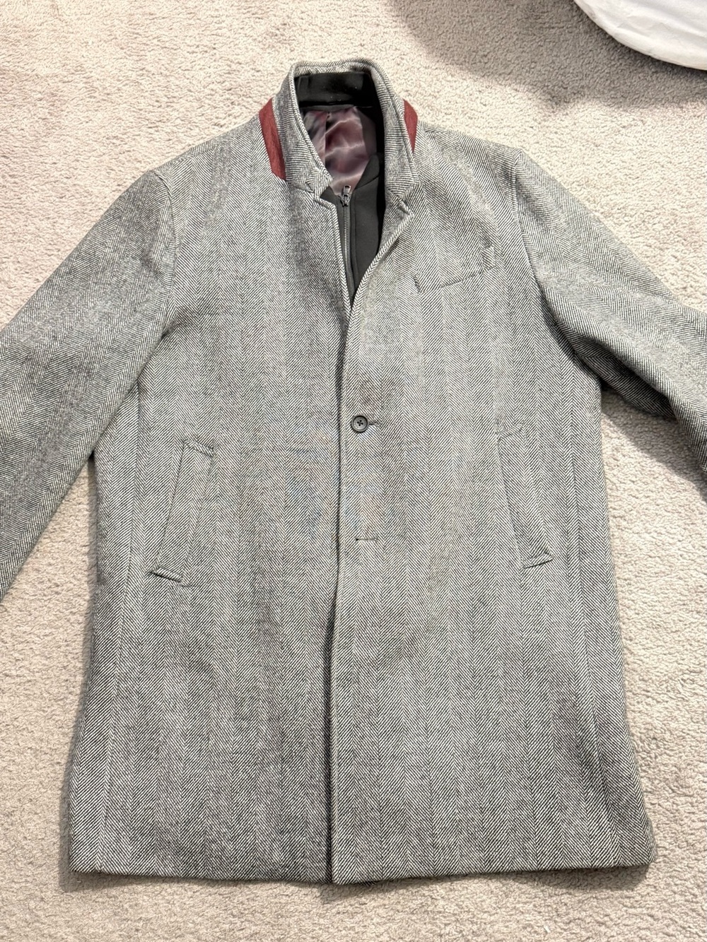 Gray Michael Kors Wool Blend Overcoat with Maroon Collar Accent